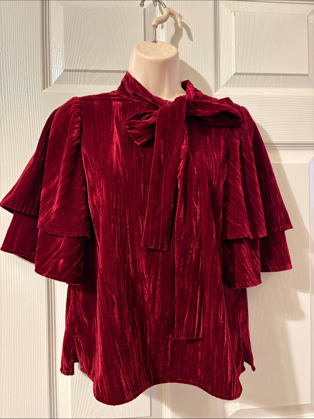 Velvet Tie-Neck Ruffle Sleeve Blouse - Red. Perfect for holidays.  Festive.